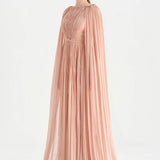 Pleated Chiffon Evening Dress with Cape Sleeves - 26076C