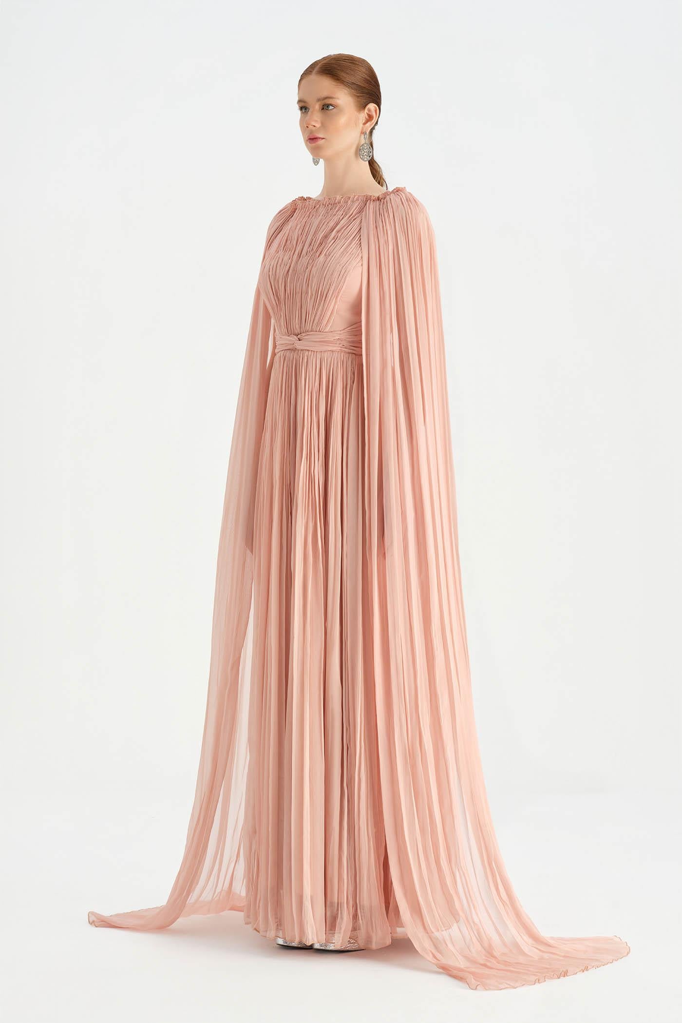Pleated Chiffon Evening Dress with Cape Sleeves - 26076C