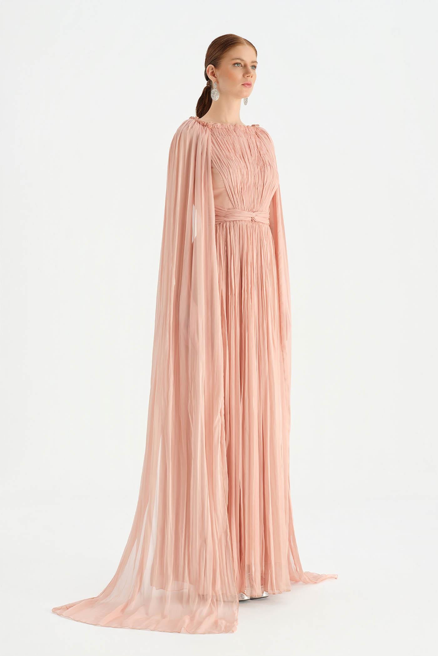 Pleated Chiffon Evening Dress with Cape Sleeves - 26076C