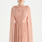 Pleated Chiffon Evening Dress with Cape Sleeves - 26076C