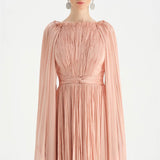 Pleated Chiffon Evening Dress with Cape Sleeves - 26076C