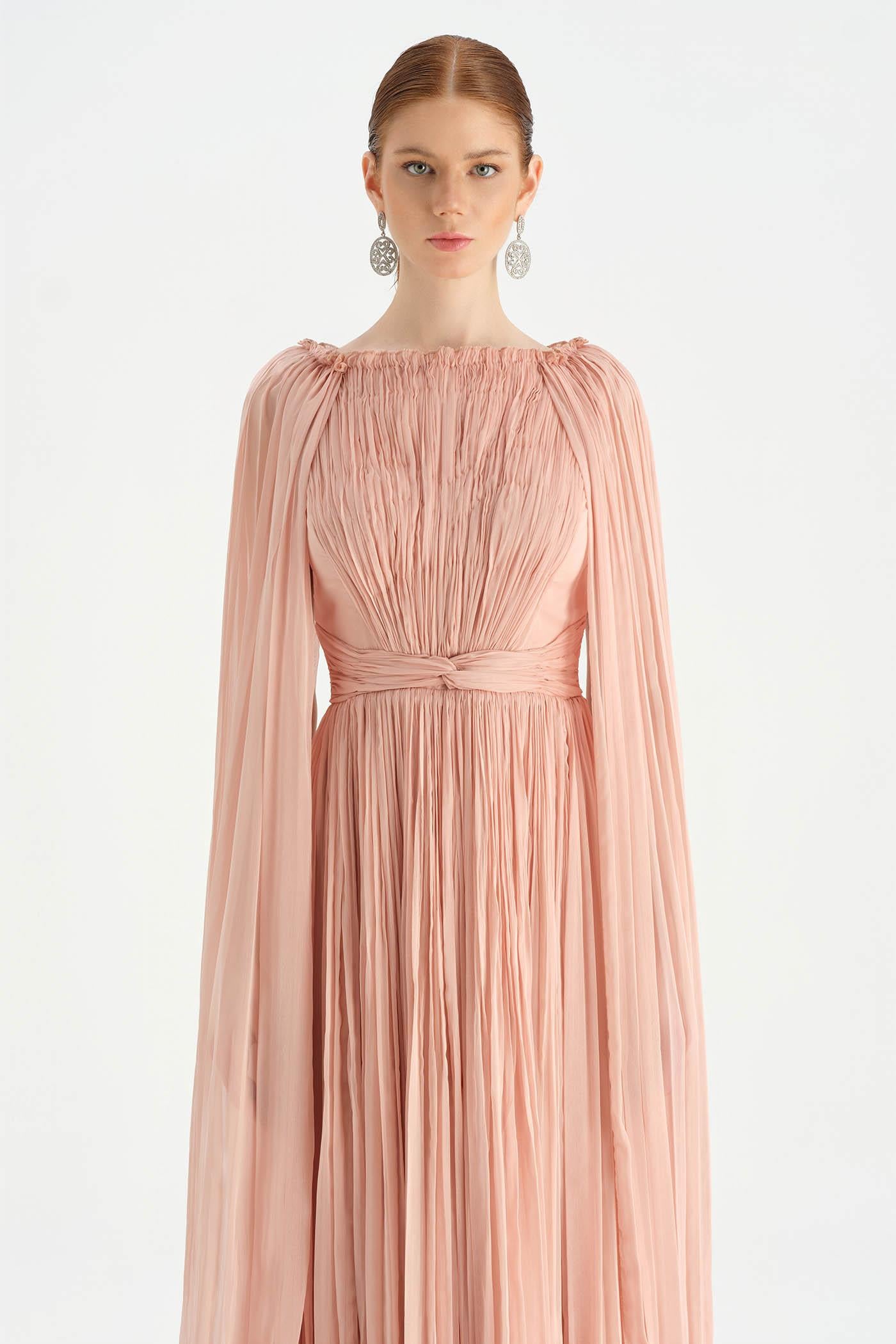 Pleated Chiffon Evening Dress with Cape Sleeves - 26076C