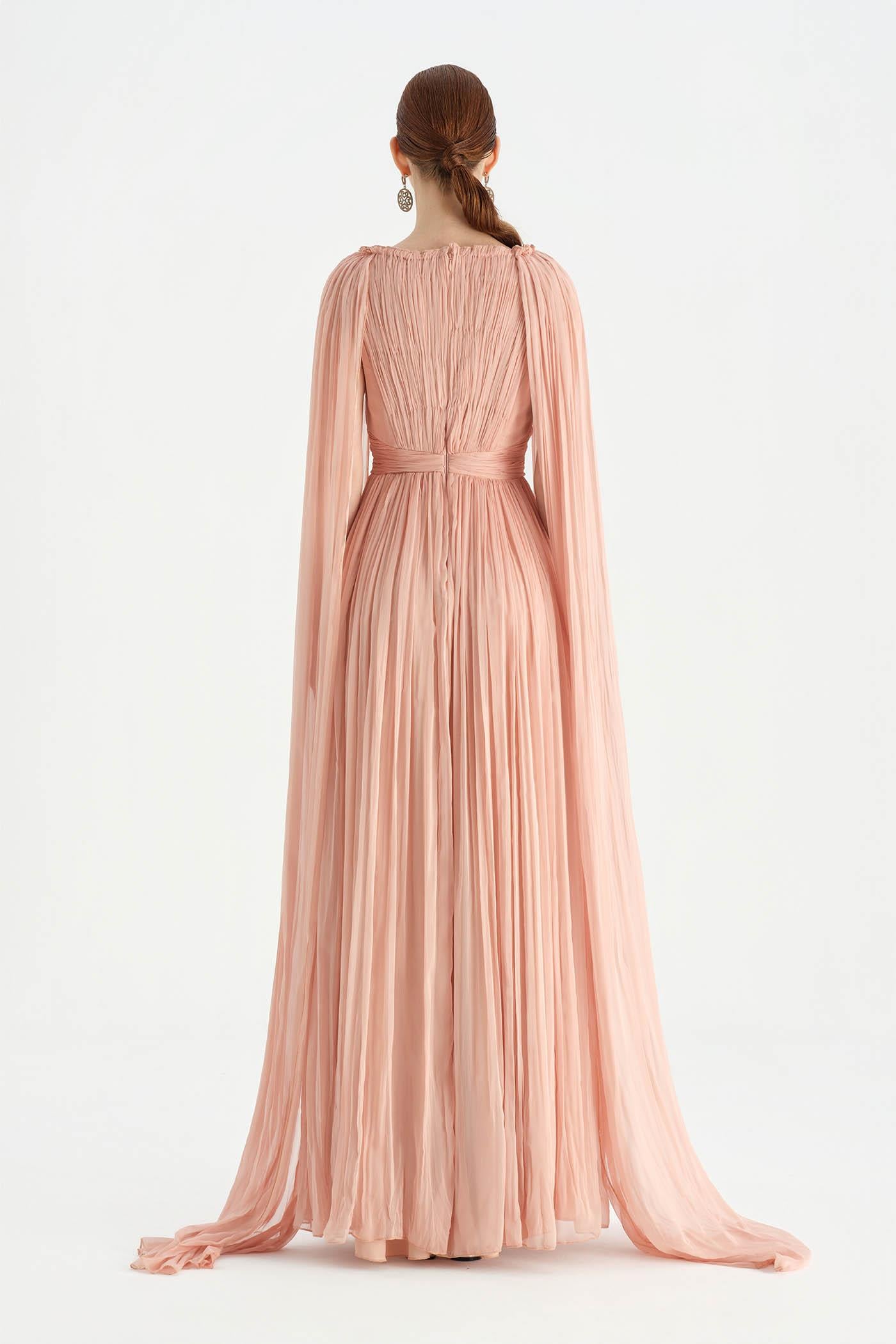 Pleated Chiffon Evening Dress with Cape Sleeves - 26076C