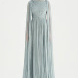 Pleated Chiffon Evening Dress with Cape Sleeves - 26076C