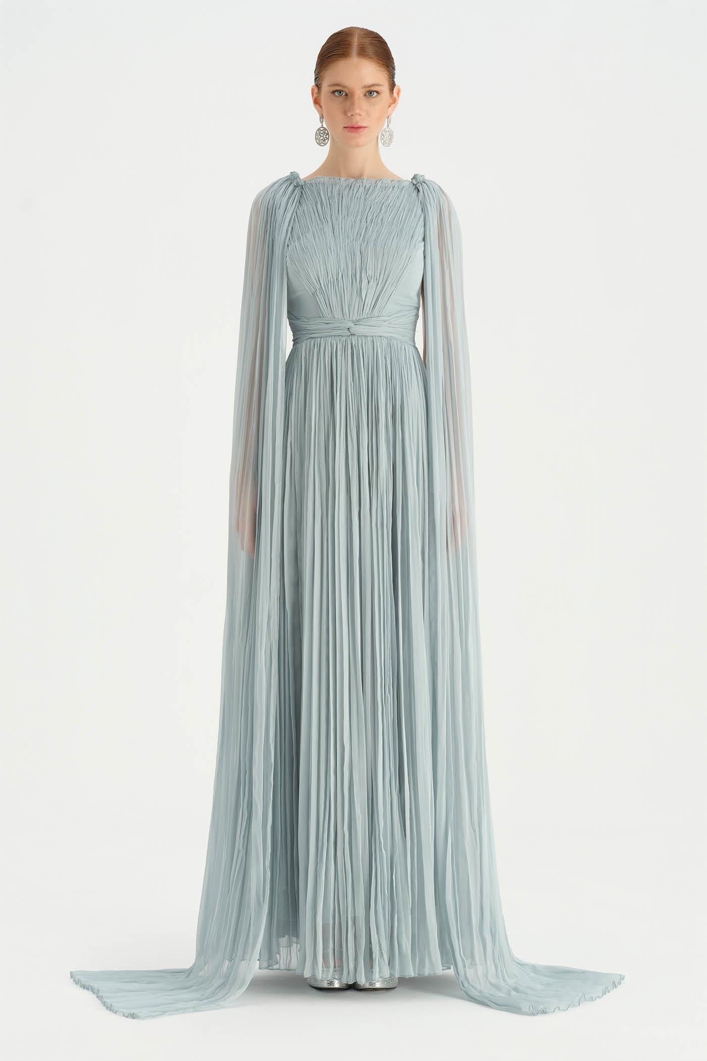 Pleated Chiffon Evening Dress with Cape Sleeves - 26076C
