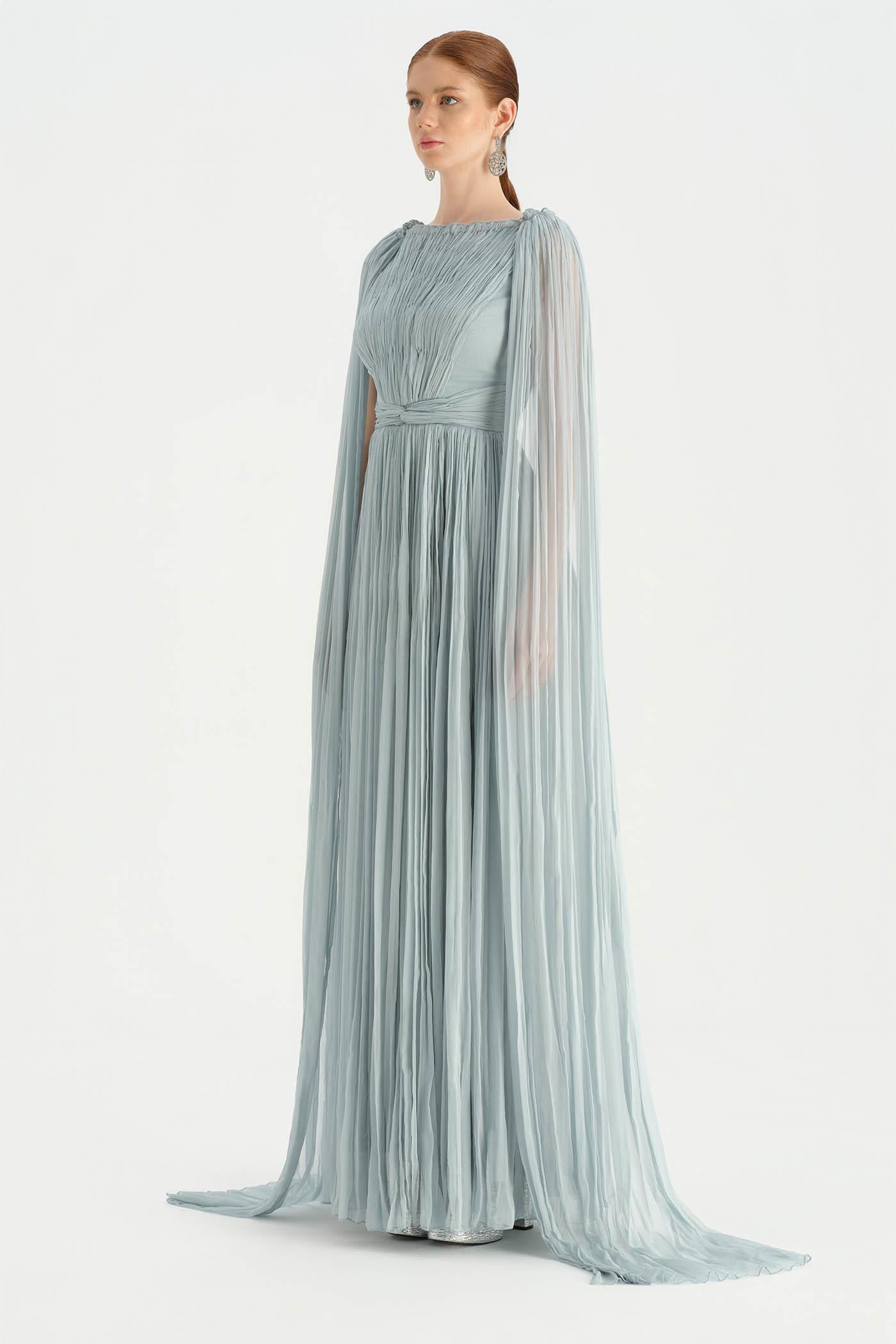 Pleated Chiffon Evening Dress with Cape Sleeves - 26076C