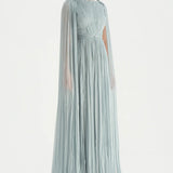 Pleated Chiffon Evening Dress with Cape Sleeves - 26076C