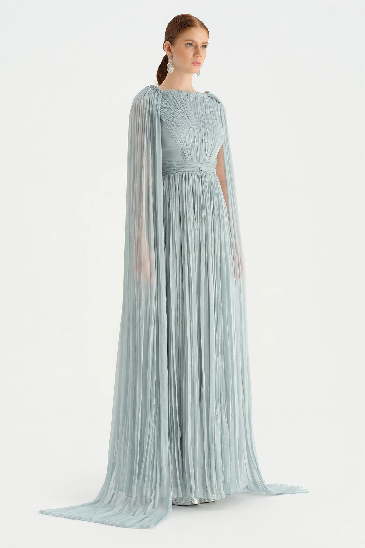Pleated Chiffon Evening Dress with Cape Sleeves - 26076C