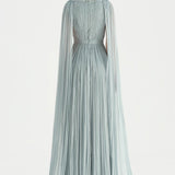 Pleated Chiffon Evening Dress with Cape Sleeves - 26076C