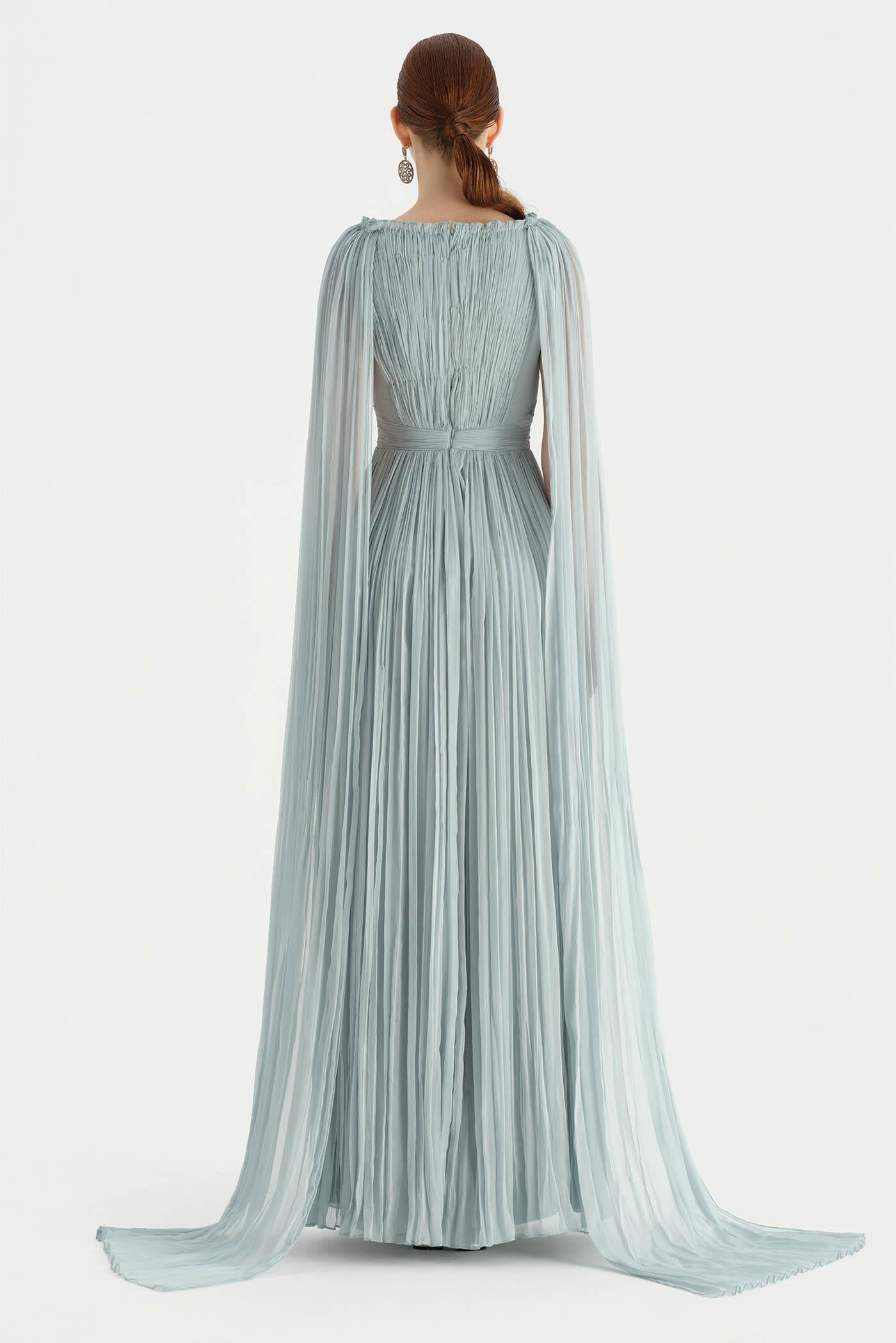 Pleated Chiffon Evening Dress with Cape Sleeves - 26076C