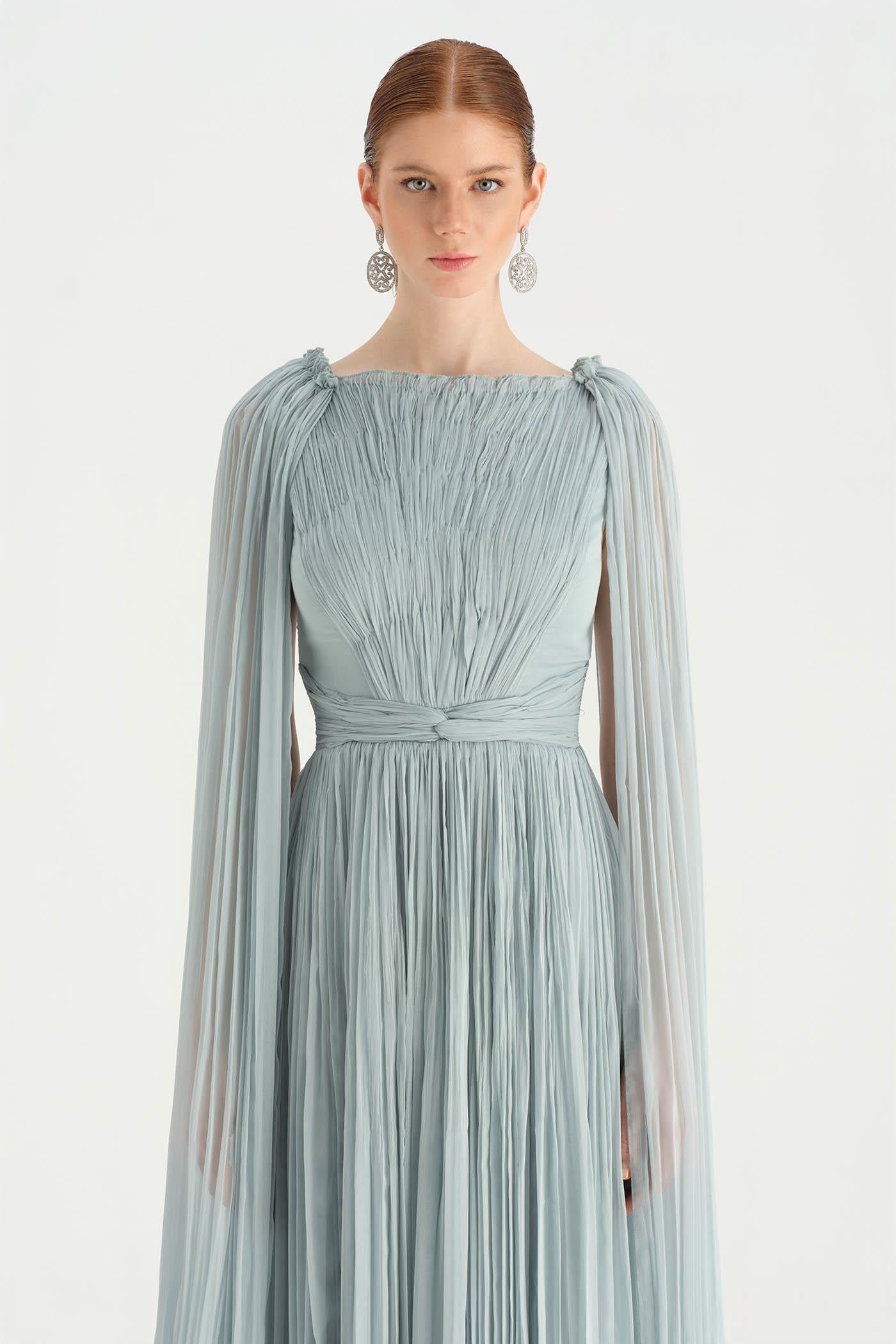 Pleated Chiffon Evening Dress with Cape Sleeves - 26076C