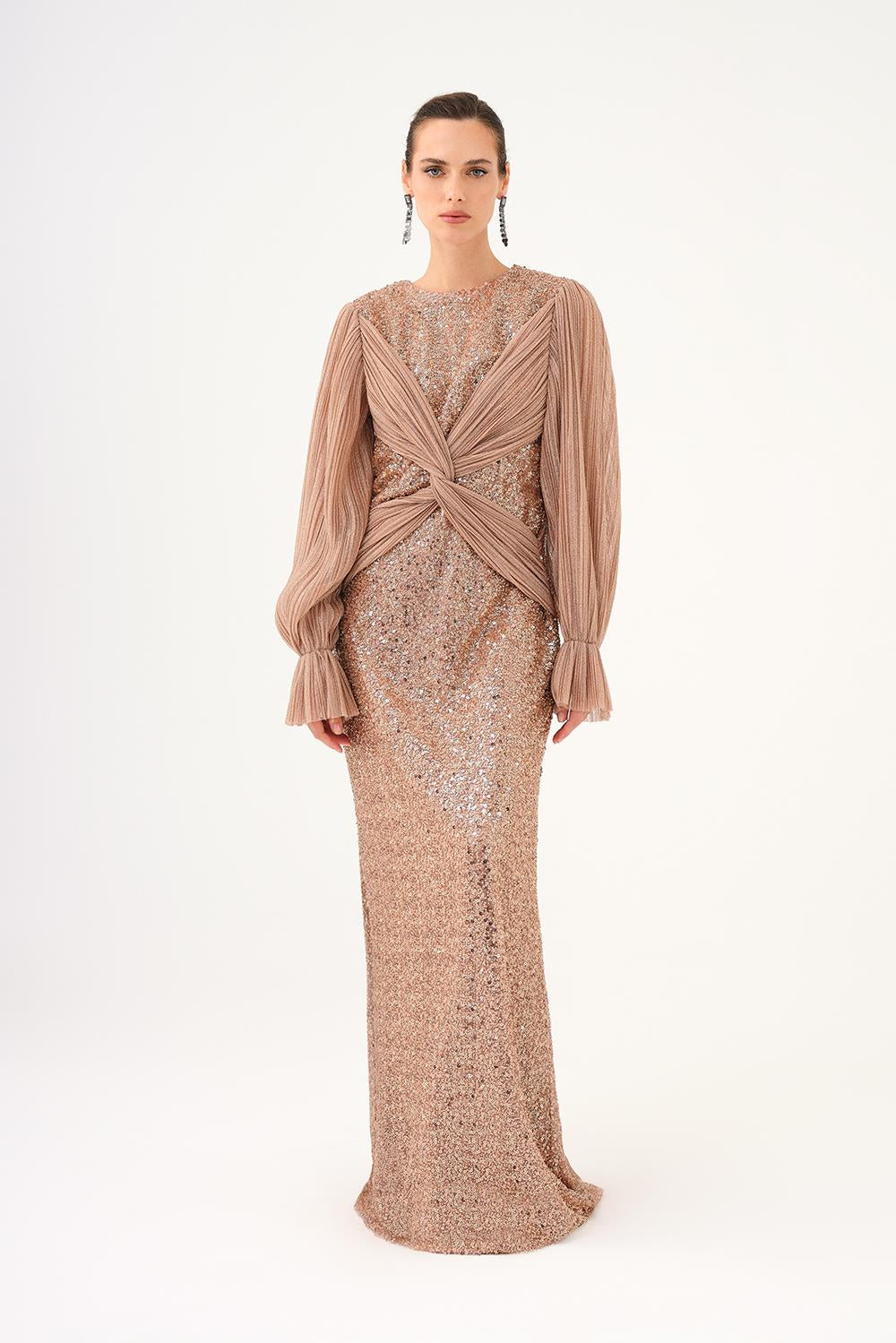 Pleated Sleeve and Drape Detailed Long Evening Dress with Stones - 9094C