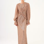 Pleated Sleeve and Drape Detailed Long Evening Dress with Stones - 9094C