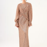 Pleated Sleeve and Drape Detailed Long Evening Dress with Stones - 9094C