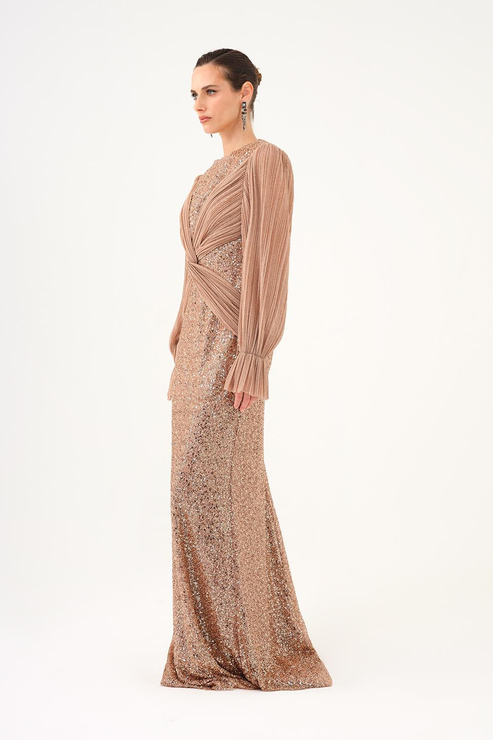 Pleated Sleeve and Drape Detailed Long Evening Dress with Stones - 9094C