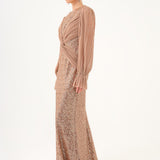 Pleated Sleeve and Drape Detailed Long Evening Dress with Stones - 9094C