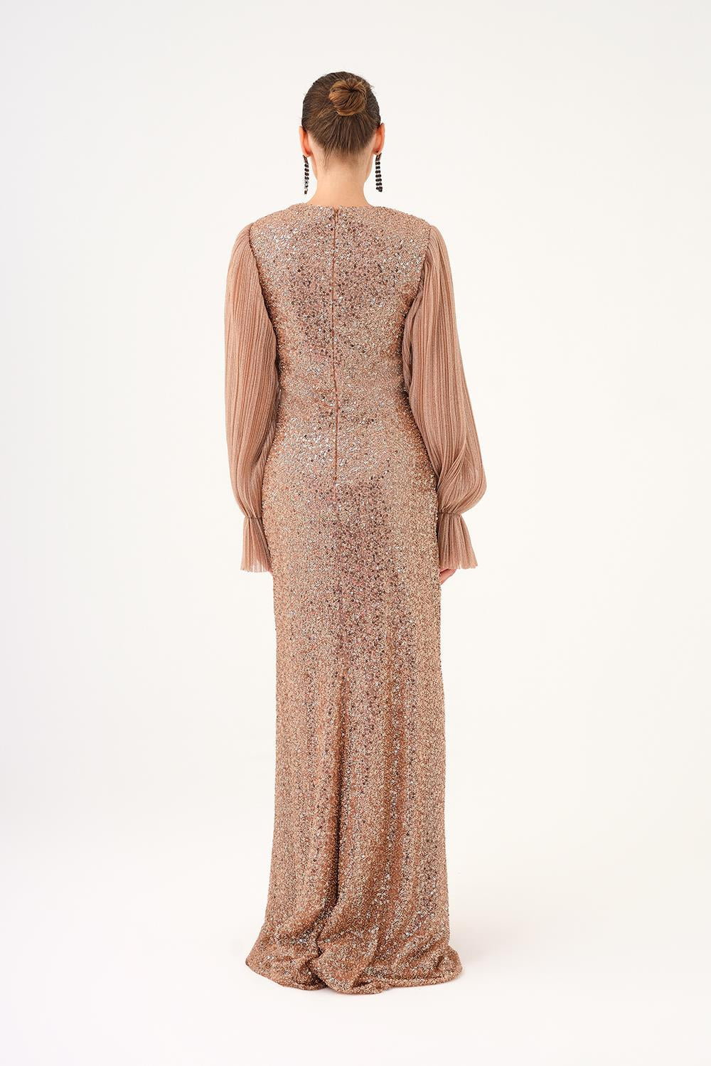 Pleated Sleeve and Drape Detailed Long Evening Dress with Stones - 9094C