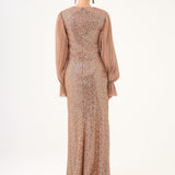 Pleated Sleeve and Drape Detailed Long Evening Dress with Stones - 9094C