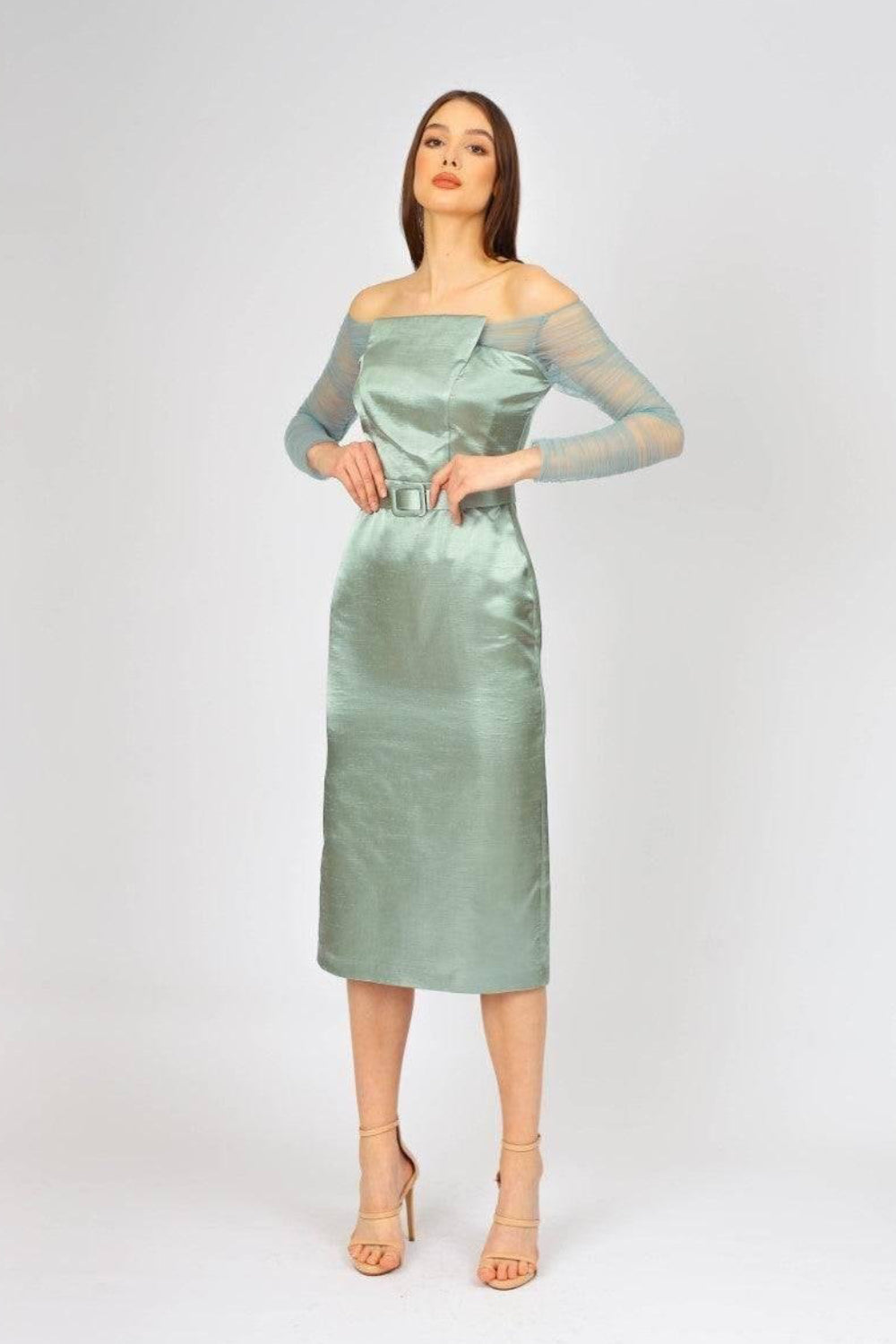 Transparan Kol Detaylı Saten Midi Abiye Elbise