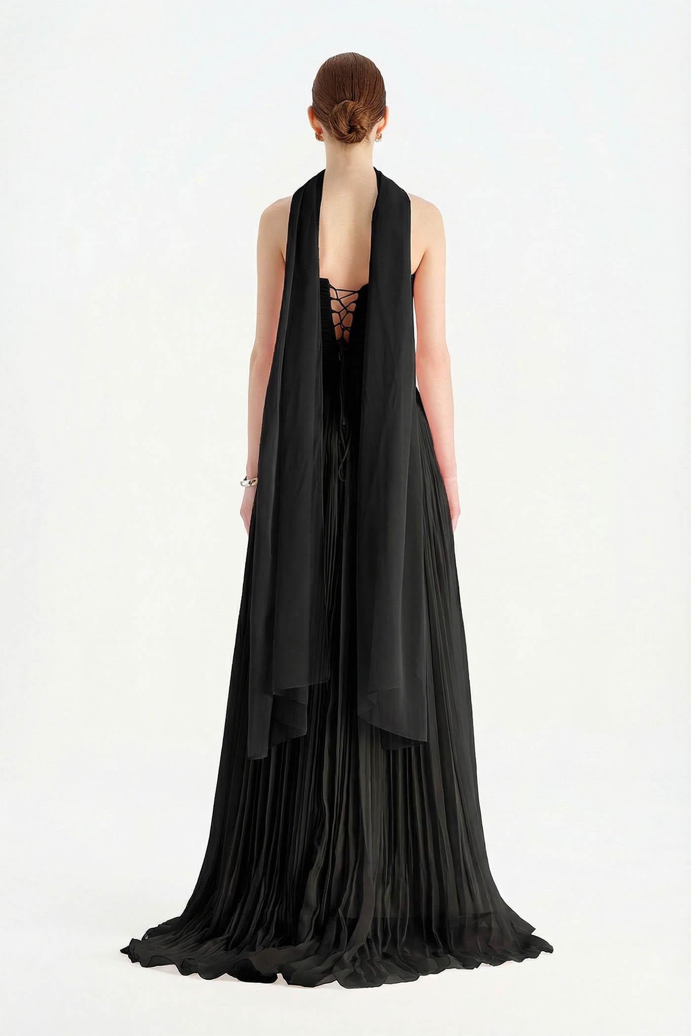 Piliseli Yırtmaçlı Boyundan Şallı Abiye Elbise - 26188C