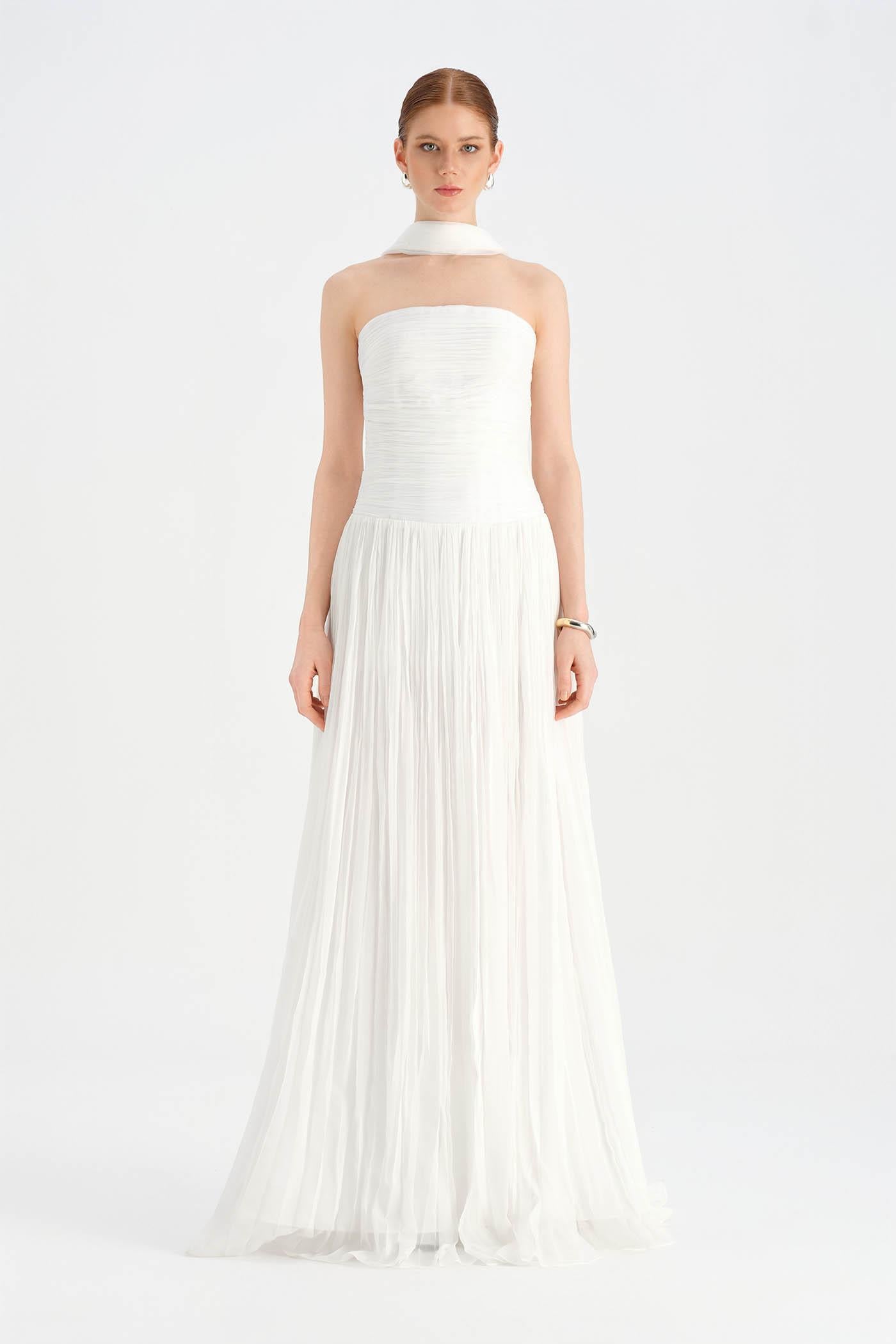 Piliseli Yırtmaçlı Boyundan Şallı Abiye Elbise - 26188C