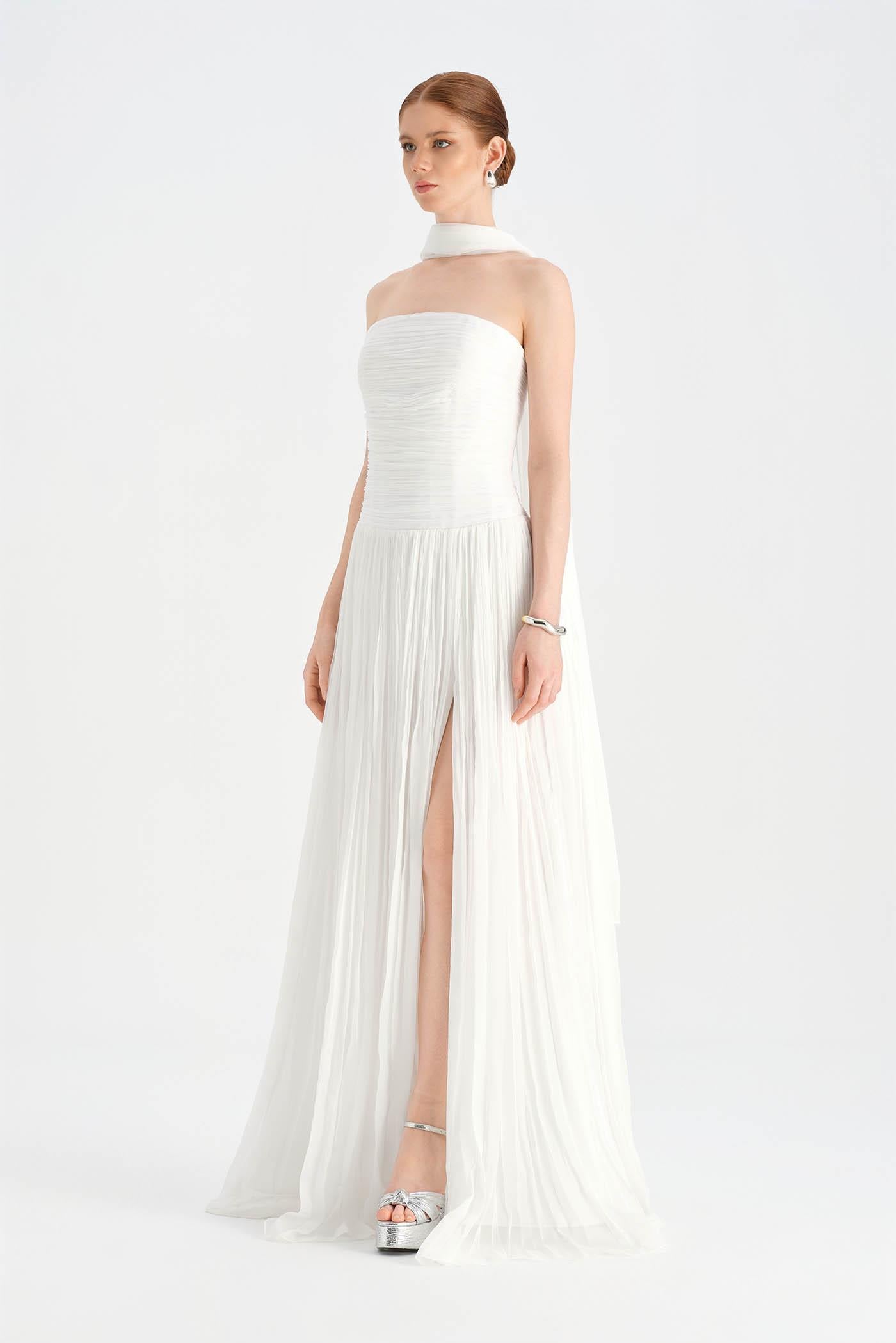 Piliseli Yırtmaçlı Boyundan Şallı Abiye Elbise - 26188C