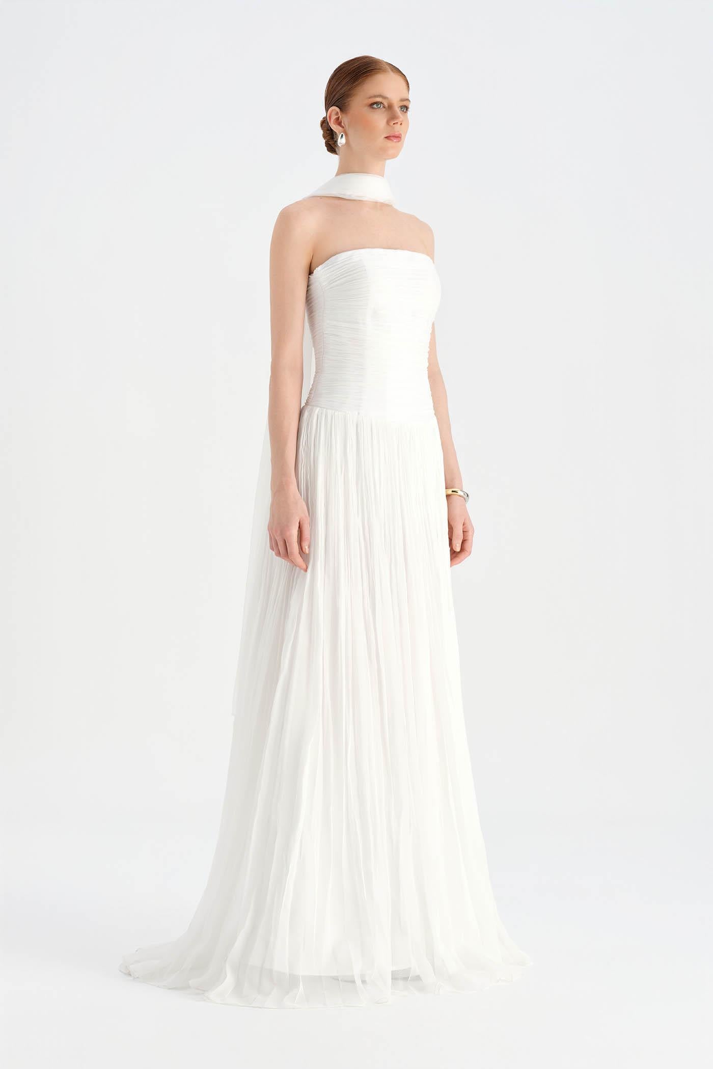 Piliseli Yırtmaçlı Boyundan Şallı Abiye Elbise - 26188C