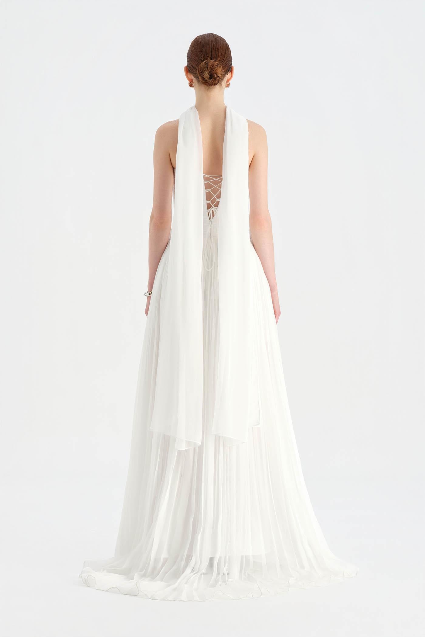 Piliseli Yırtmaçlı Boyundan Şallı Abiye Elbise - 26188C