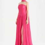 Piliseli Yırtmaçlı Boyundan Şallı Abiye Elbise - 26188C