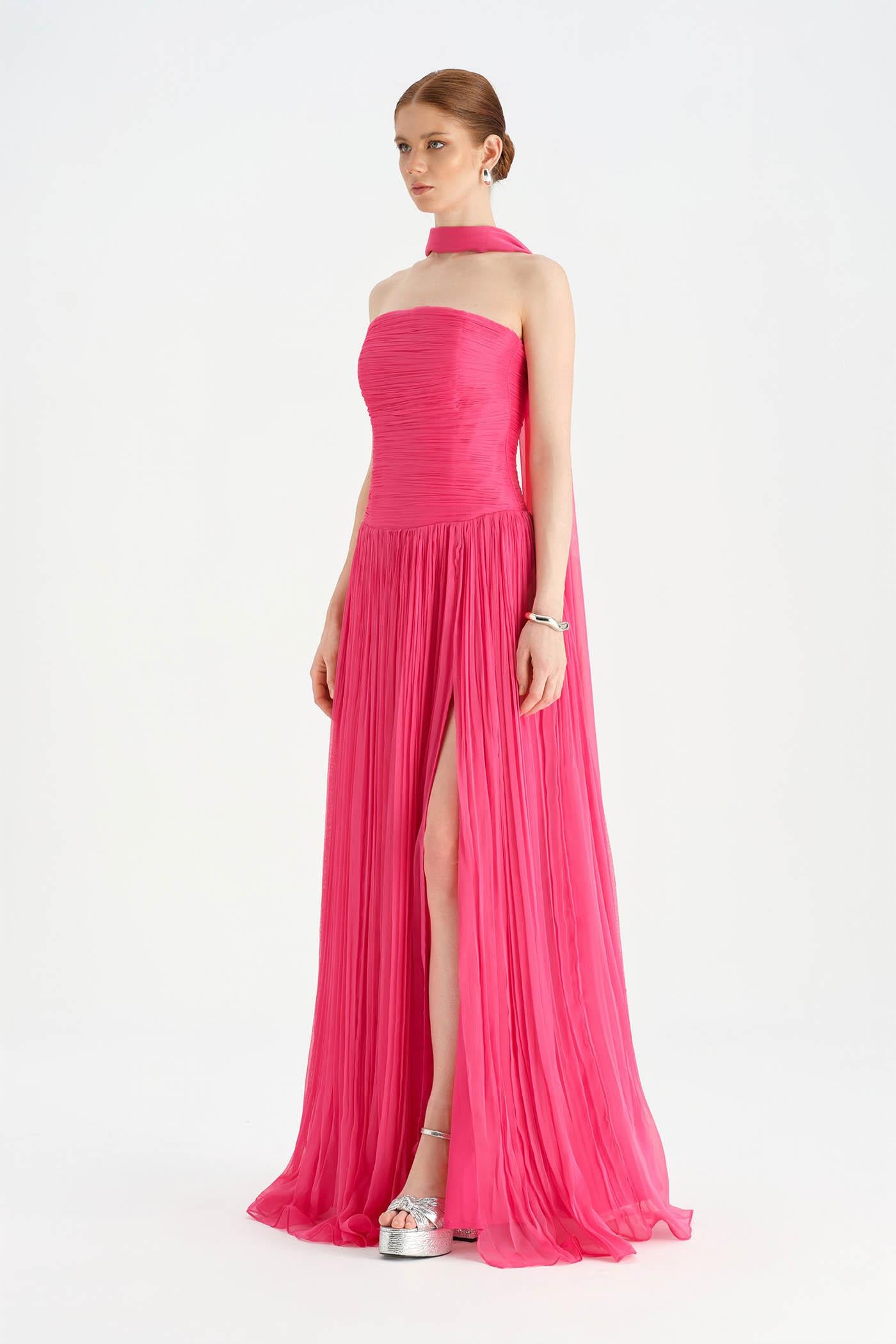 Piliseli Yırtmaçlı Boyundan Şallı Abiye Elbise - 26188C