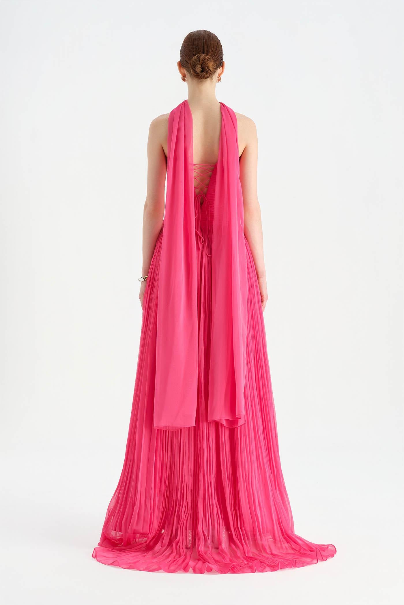 Piliseli Yırtmaçlı Boyundan Şallı Abiye Elbise - 26188C