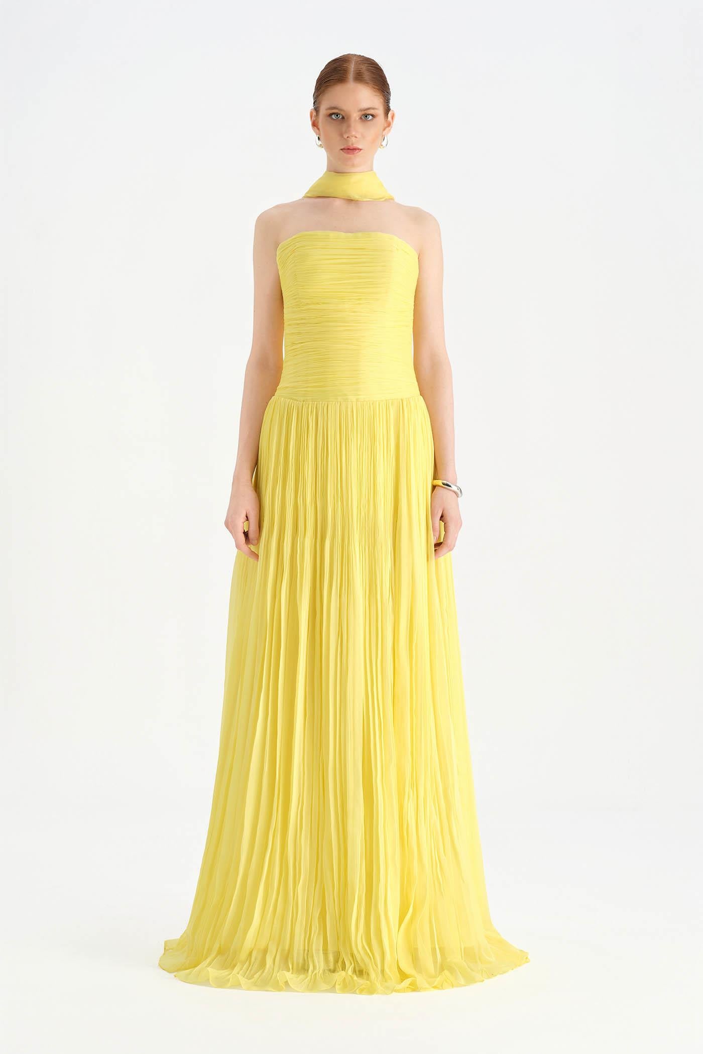 Piliseli Yırtmaçlı Boyundan Şallı Abiye Elbise - 26188C