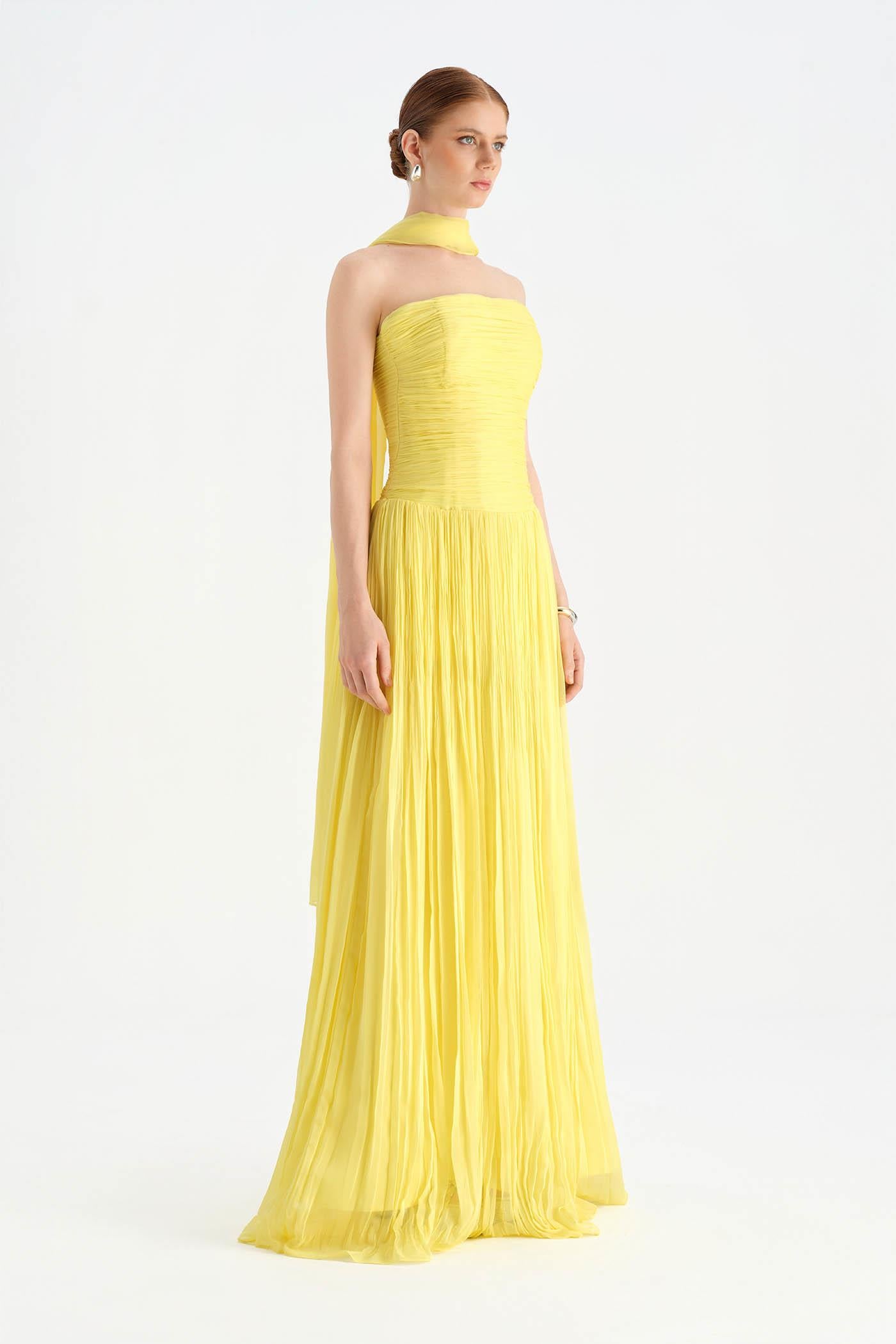 Piliseli Yırtmaçlı Boyundan Şallı Abiye Elbise - 26188C