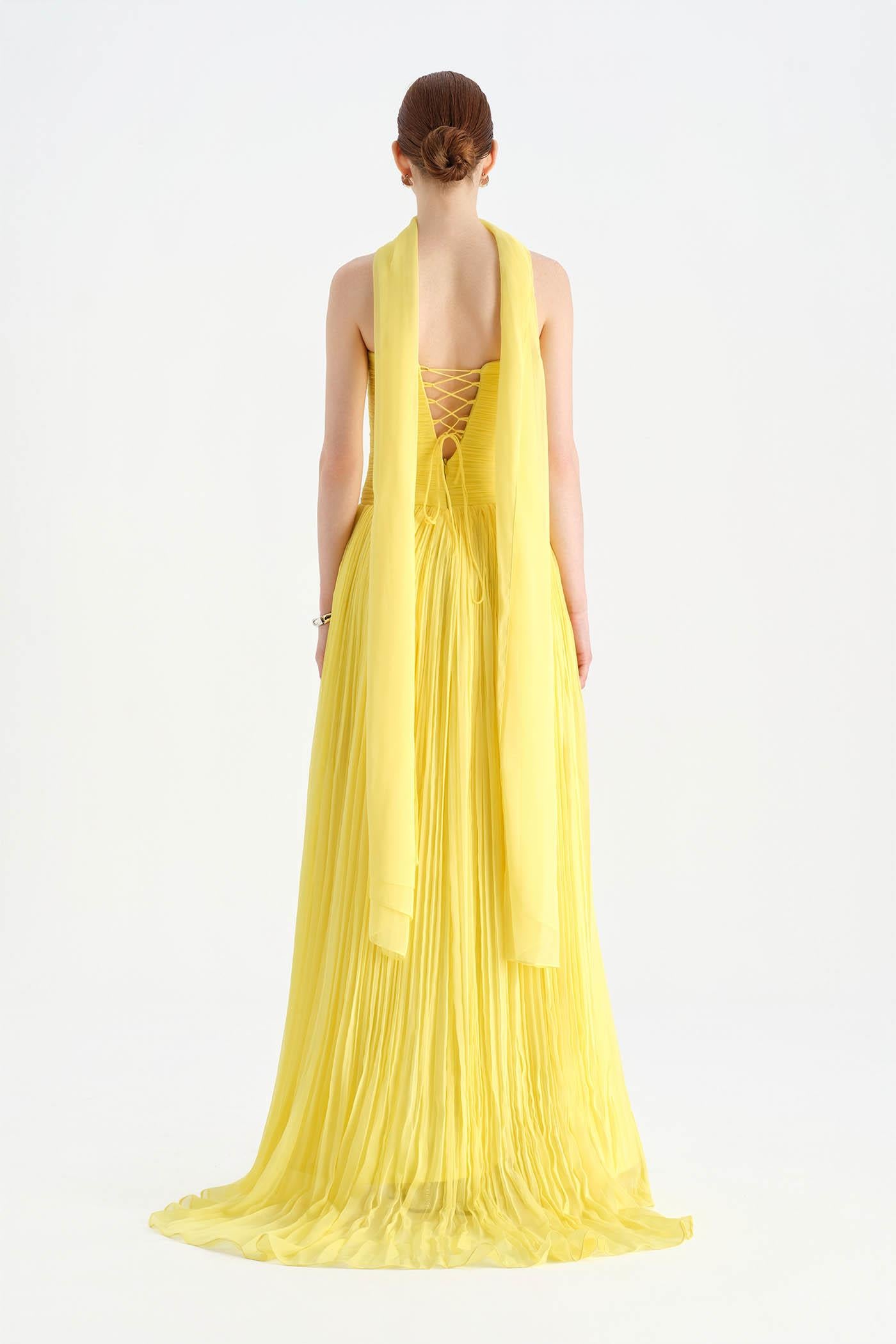 Piliseli Yırtmaçlı Boyundan Şallı Abiye Elbise - 26188C