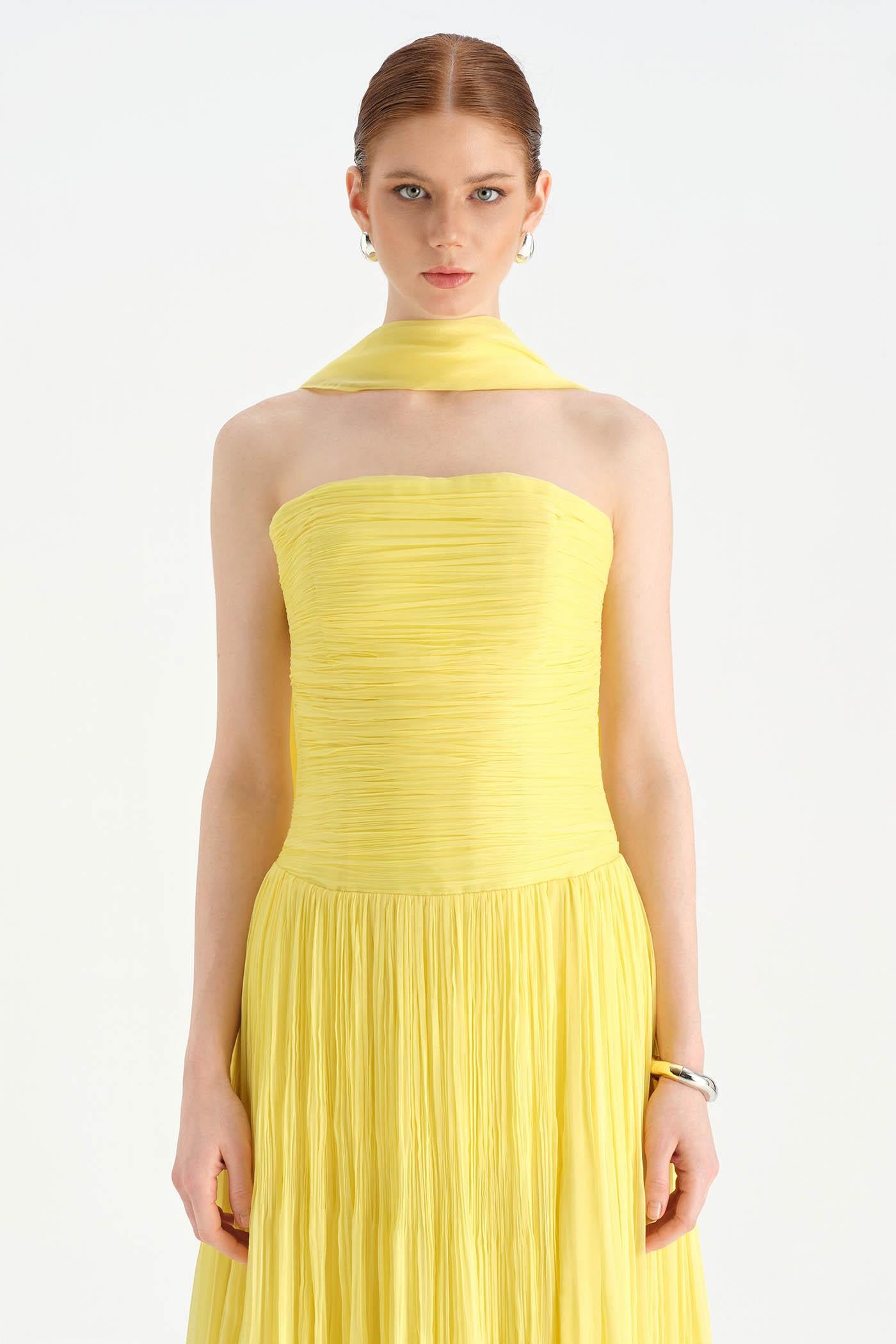 Piliseli Yırtmaçlı Boyundan Şallı Abiye Elbise - 26188C