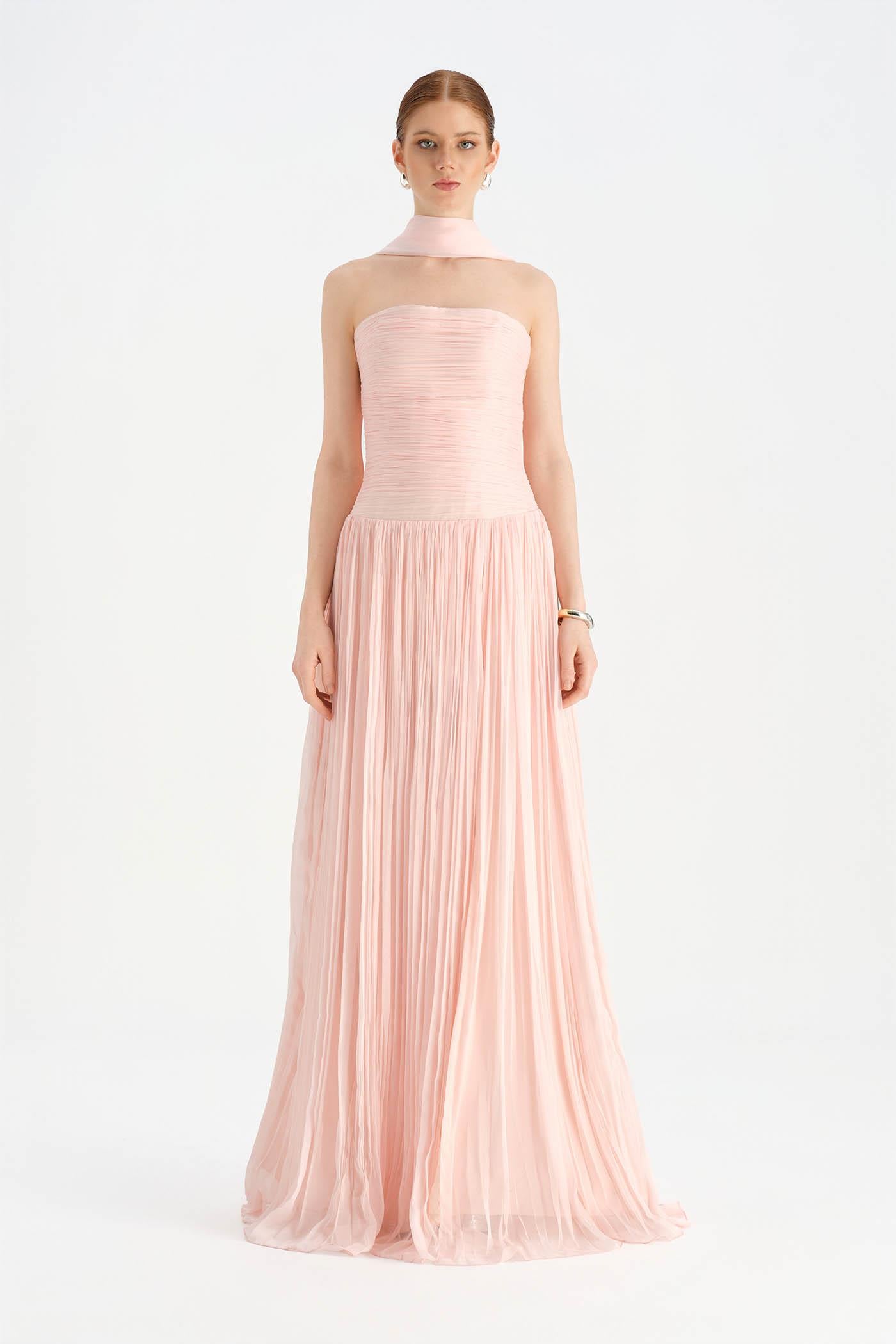 Piliseli Yırtmaçlı Boyundan Şallı Abiye Elbise - 26188C