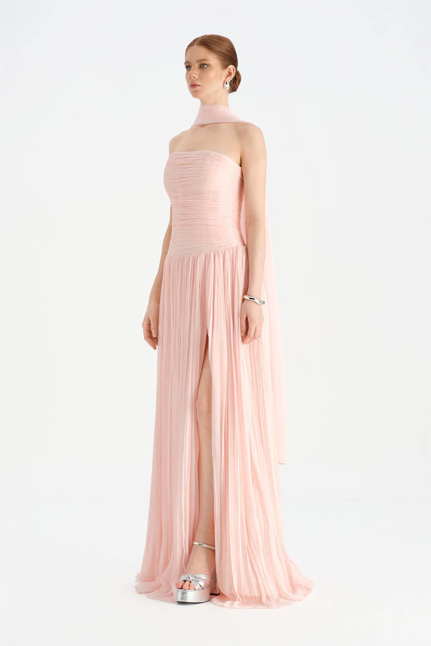 Piliseli Yırtmaçlı Boyundan Şallı Abiye Elbise - 26188C