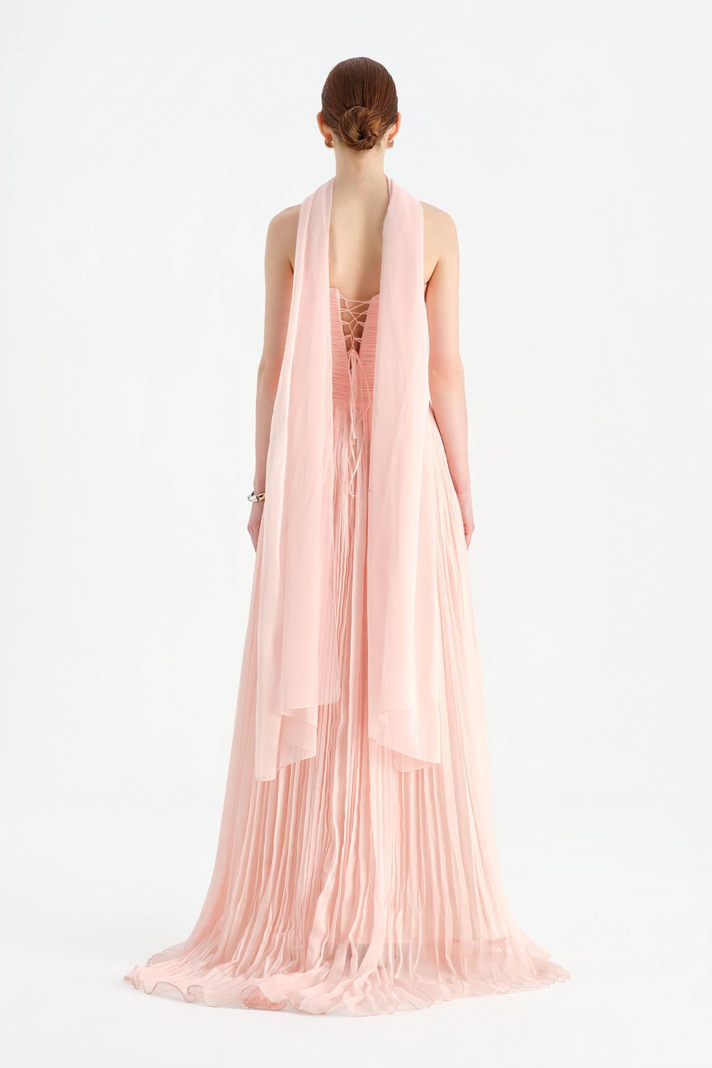 Piliseli Yırtmaçlı Boyundan Şallı Abiye Elbise - 26188C