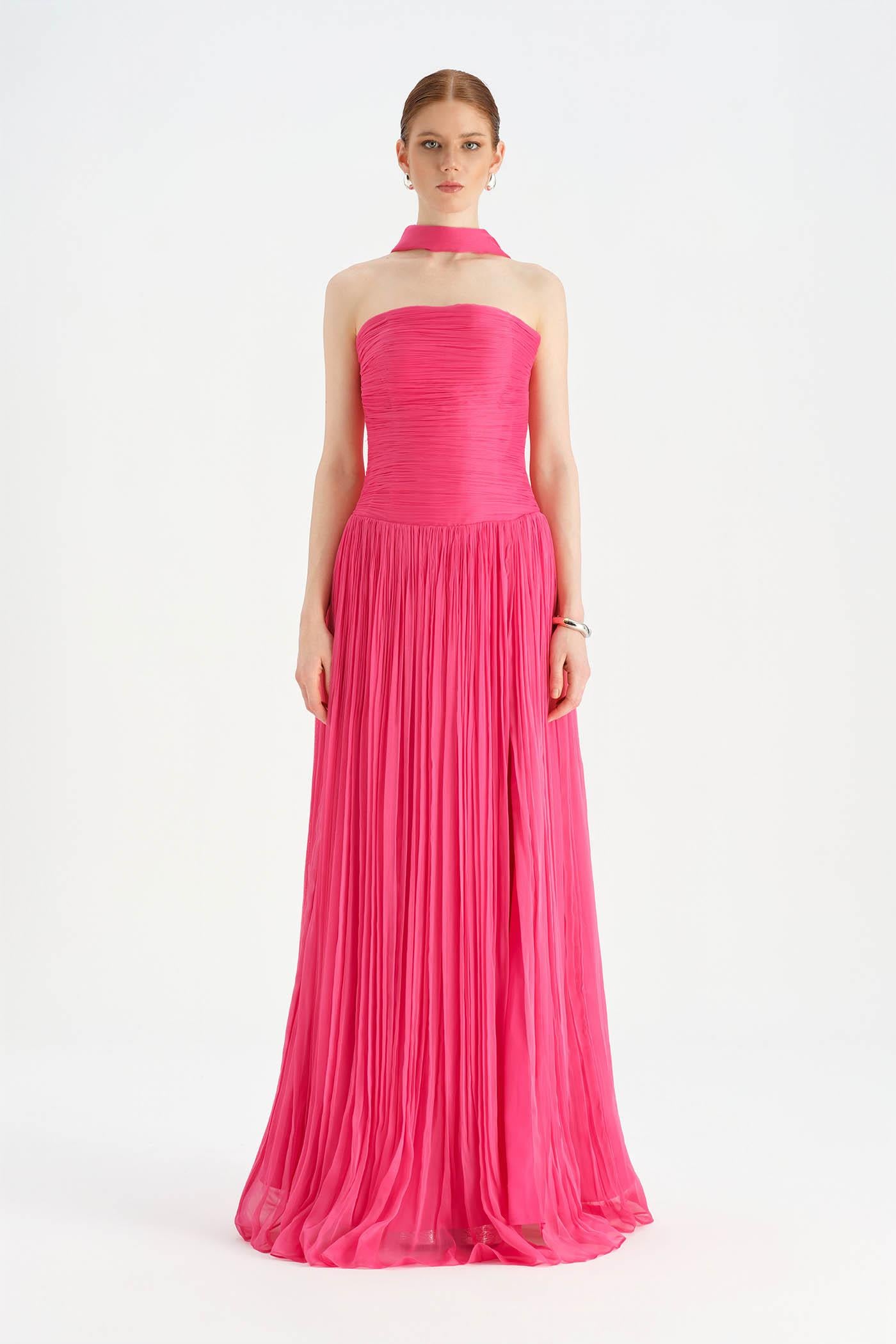 Evening Dress with Pleated Slit Neck Wrap Evening Dress - 26188C