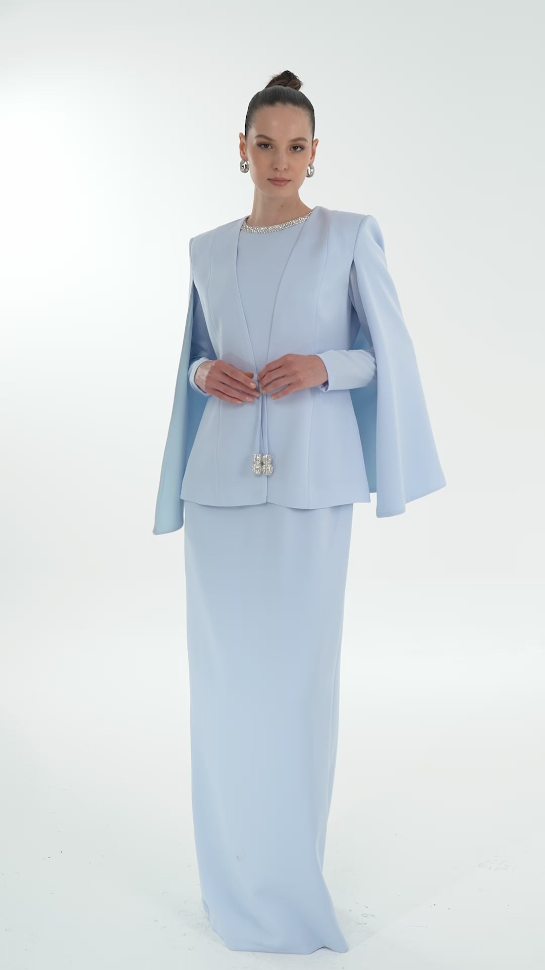 Taş İşleme Detaylı Tesettür Abiye Elbise & Ceket Takım Bebe Mavi