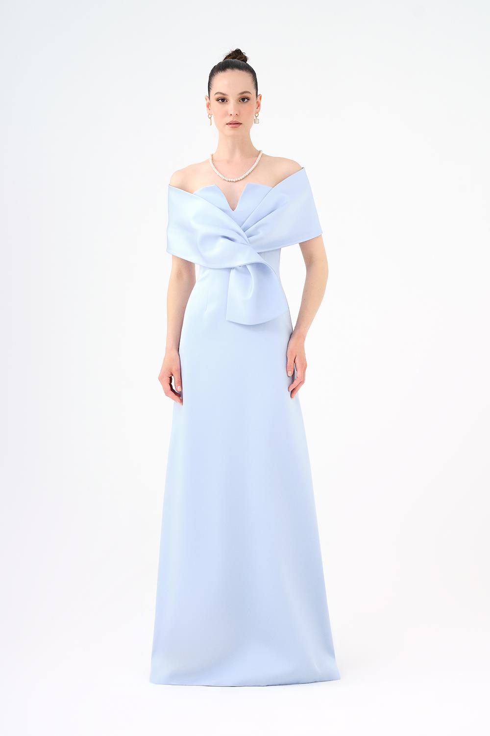 Şallı Straplez Yaka Saten Uzun Abiye Elbise - Bebe Mavi