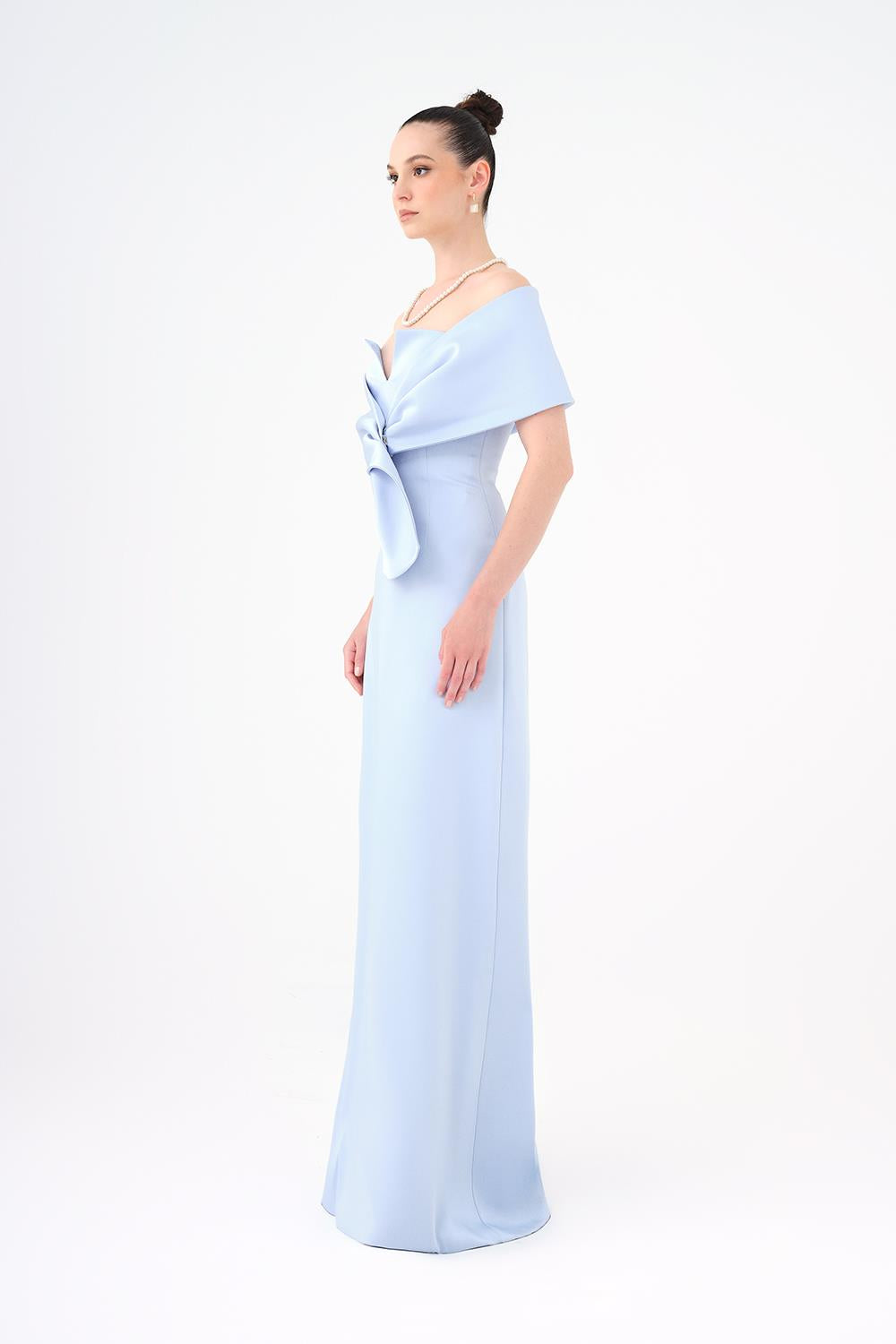 Şallı Straplez Yaka Saten Uzun Abiye Elbise Bebe Mavi