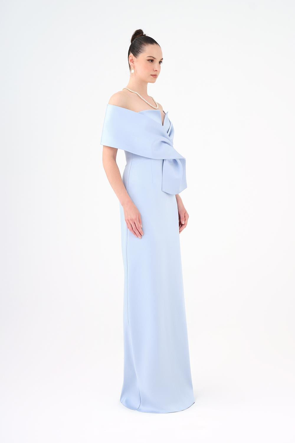 Şallı Straplez Yaka Saten Uzun Abiye Elbise Bebe Mavi