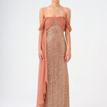 Chiffon Low Shoulder Stone Long Evening Dress - 9112C