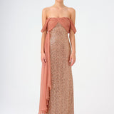 Chiffon Low Shoulder Stone Long Evening Dress - 9112C