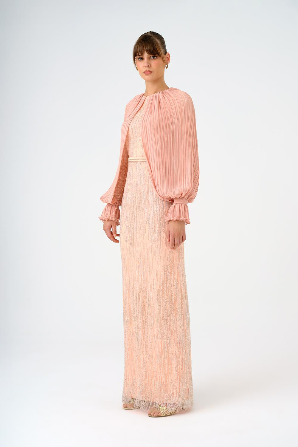 Chiffon Sleeves Belted Long Evening Dress with Stones - 9065C
