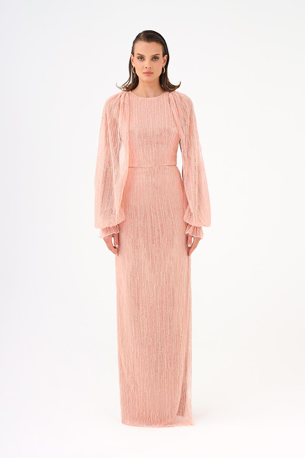 Taş İşlemeli Yırtmaç Detaylı Uzun Abiye Elbise - 9026C - Taupe