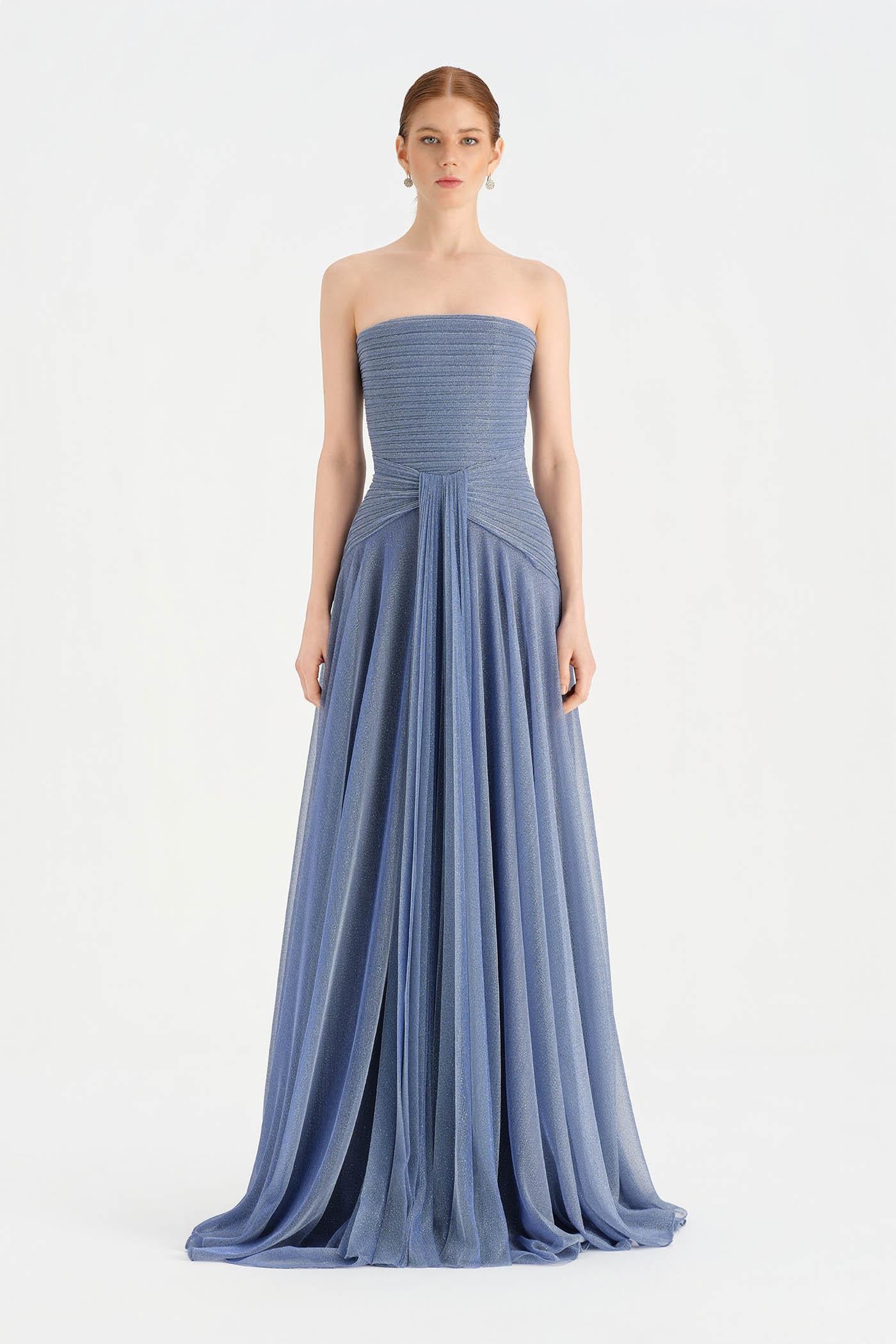 Strapless Collar Silvery Long Evening Dress - 9167C