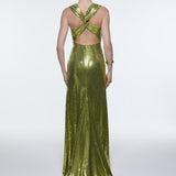Sequin Long Evening Dress with Back Decollete Detail - 9201C