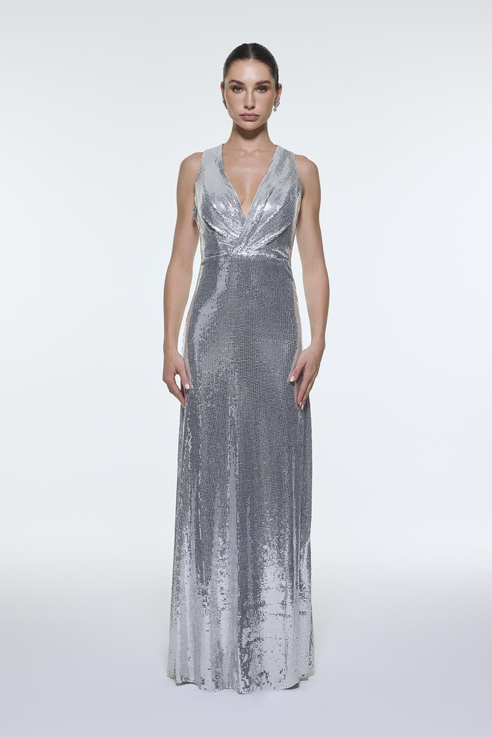 Sequin Long Evening Dress with Back Decollete Detail - 9201C